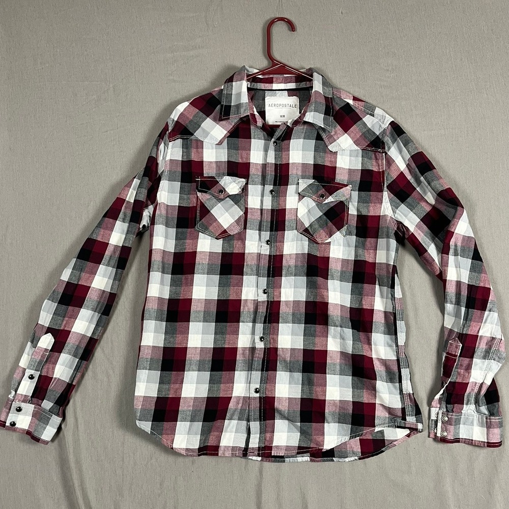 Aeropostale Shirt Mens M Western Burgundy Plaid Pearl Snap Cotton EUC